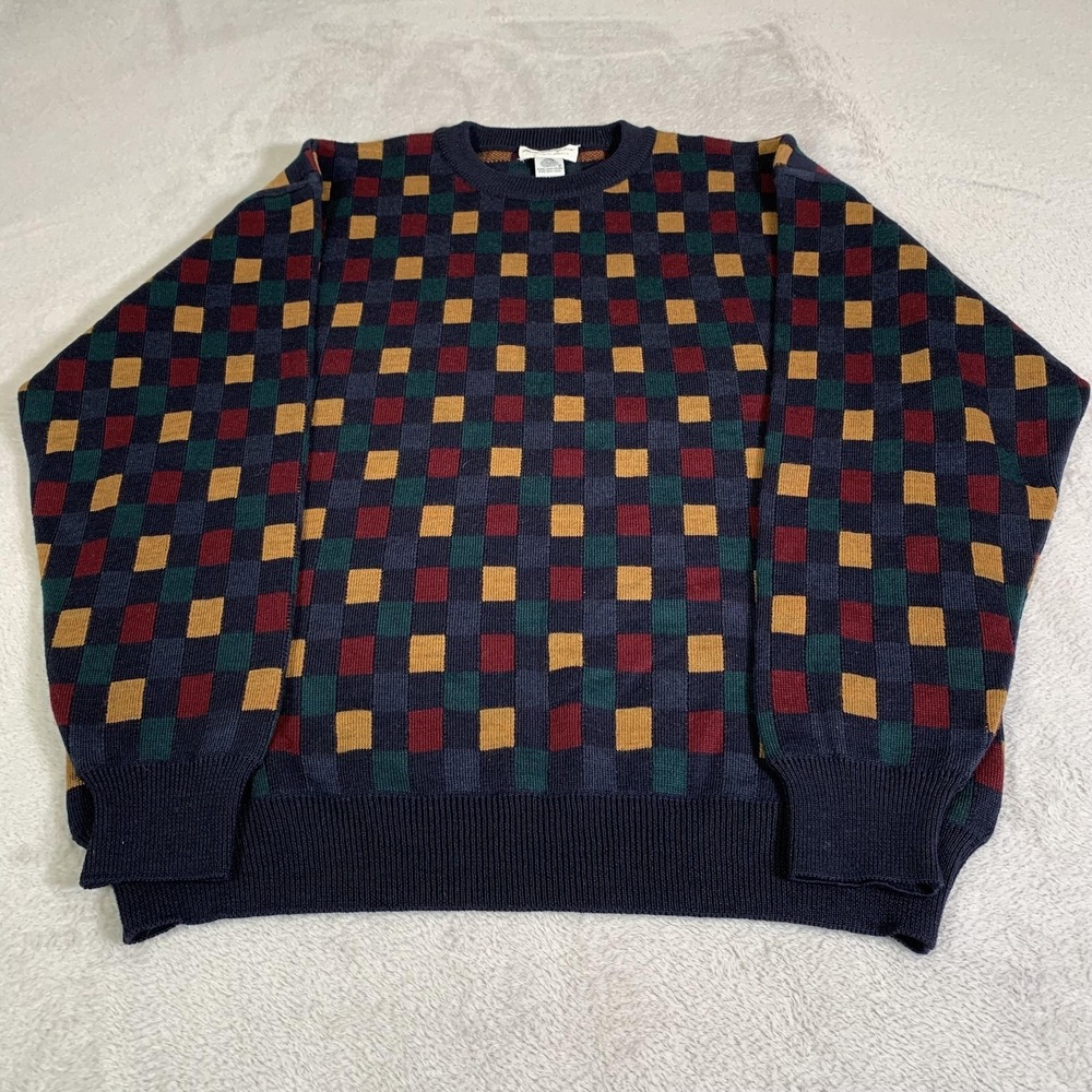 Vintage Norm Thompson Sweater Mens L‎ Blue Merino Wool Knit Checkerboard Uruguay